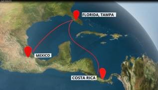 The distance by road between Costa Rica and Tampa in Florida is about 3,500 miles (equivalent to approximately 5,600 kilometres).