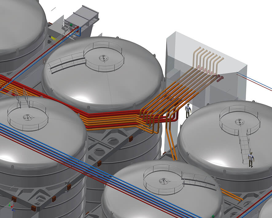 The dual use of 7 out of 15 tanks required a double piping system.